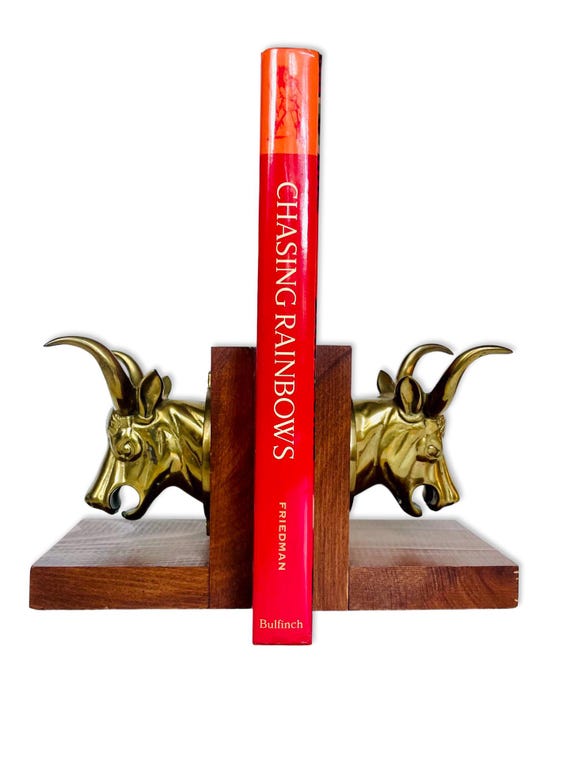 Pair of Vintage Brass and Wood Bull Head Bookends