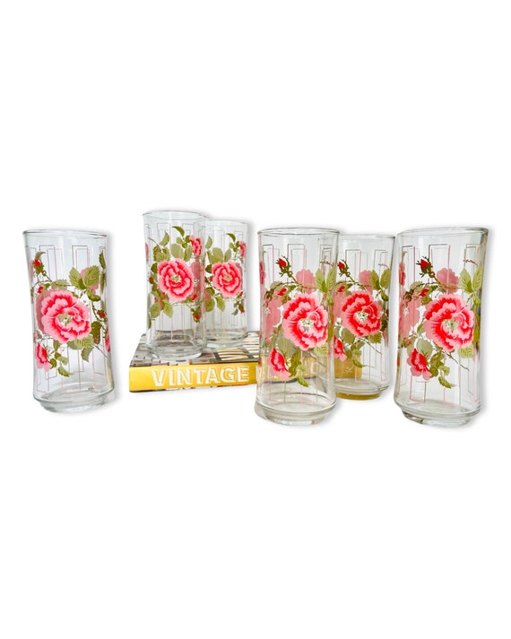 Set of 6 Vintage Mid-Century Libbey Rose Blossom Flower Glasses