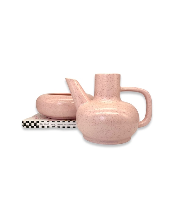 Vintage Mid-Century Pink Pottery Planter Cachepot and Matching Watering Pitcher