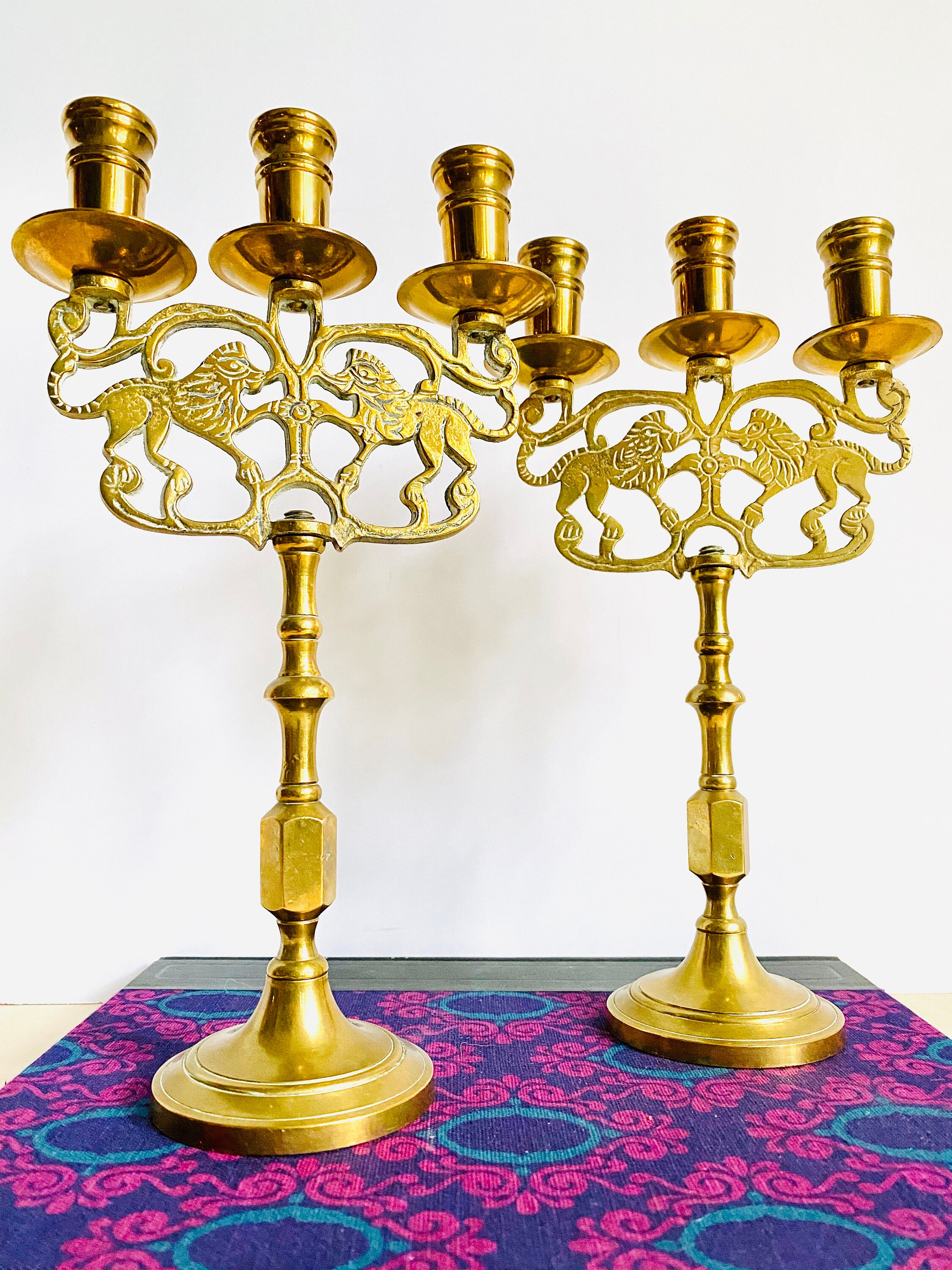 Pair of Vintage Double Lion Brass Candlestick Candelabra