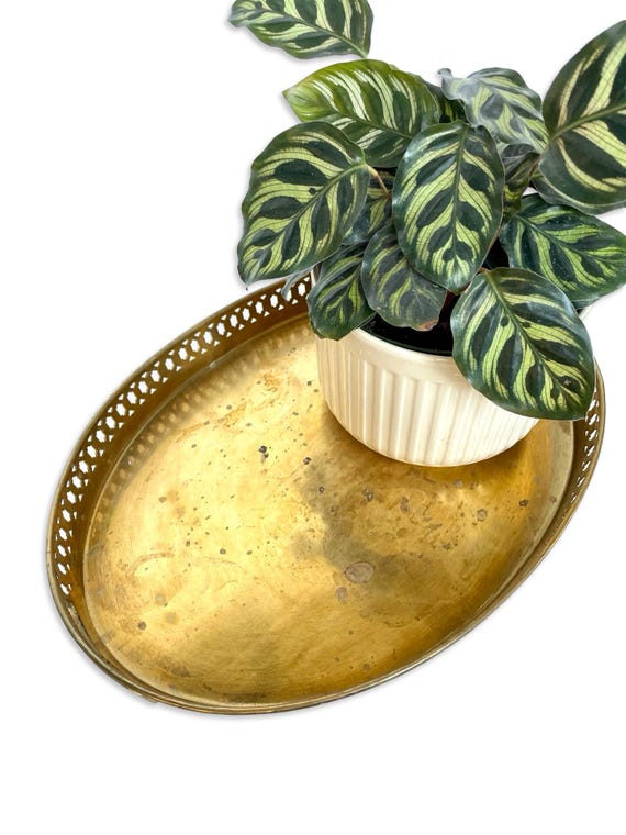 Vintage Decorative Oval Brass Tray with Filigree Edge Details