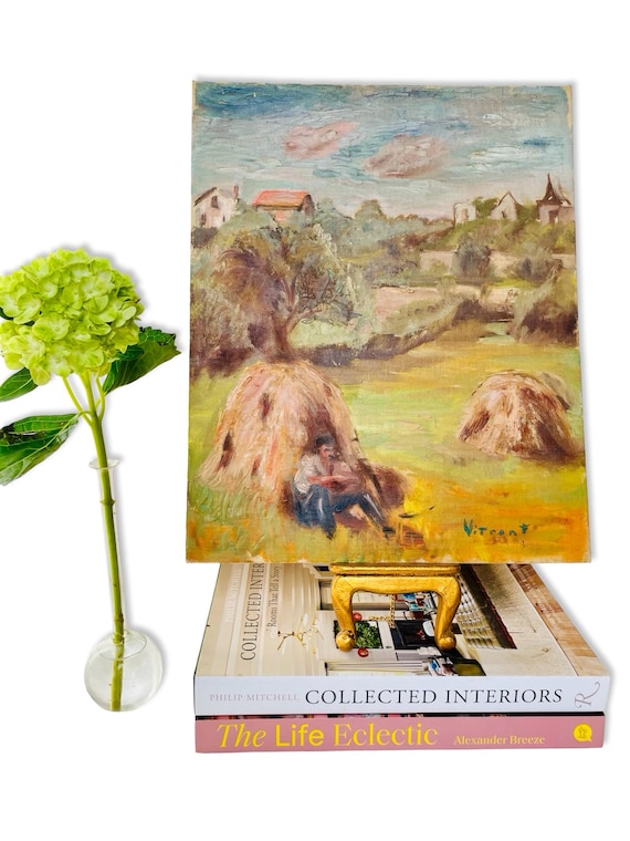 Antique French Hayfield Landscape Painting Signed Original Oil Painting