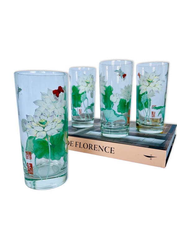 Set of 4 Vintage Toscany Lotus Flower Glasses Tall Tumblers Floral Drinkware