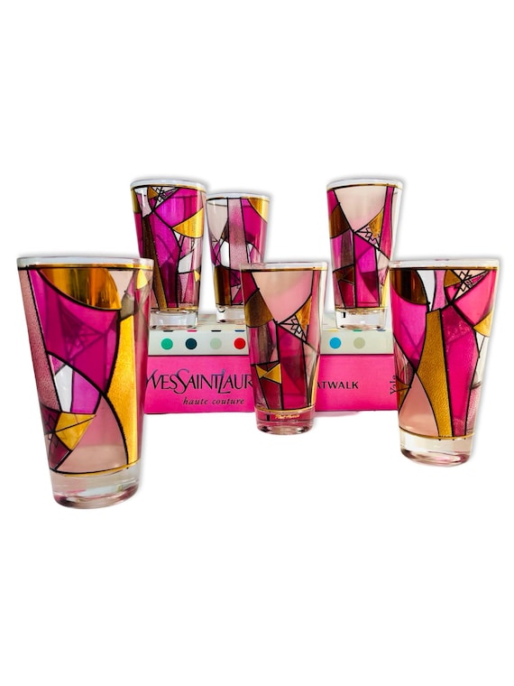 Set of 6 Vintage Ned Harris Mid-Century Pink, Purple and 22-Karat Gold Abstract Stained Glass Design Highball Glasses
