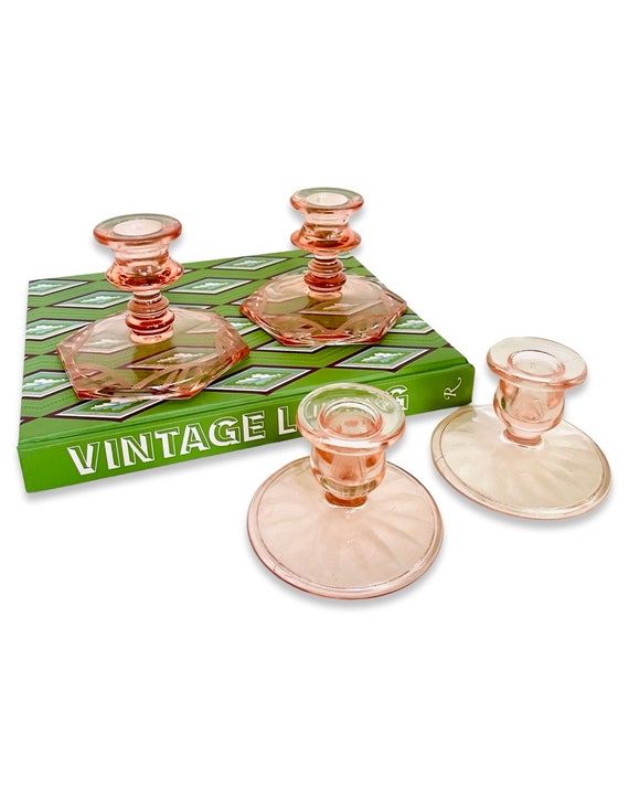 Set of 4 Mix & Match Vintage Pink Glass Candlesticks