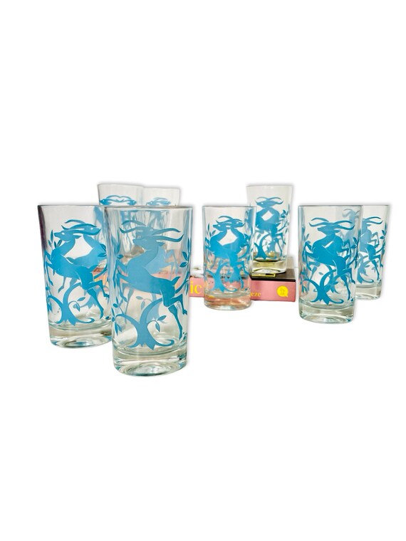 Set of 8 Vintage Mid-Century Federal Glass Art Deco Style Gazelle Highball / Collins Barware Cocktail Glasses