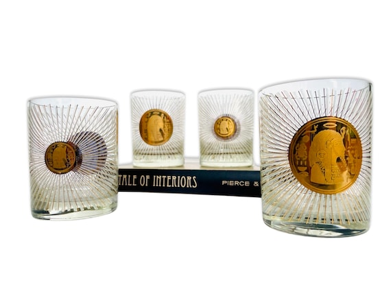 Set of 4 Vintage Mid-Century Georges Briard 24K Gold Egyptian Pharaoh Double Old Fashion Bar Glasses