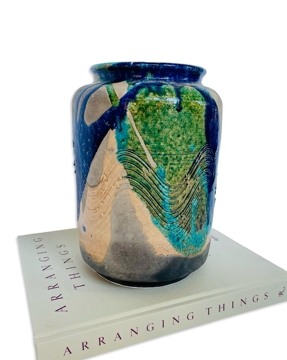 Vintage Handmade Studio Pottery Vase in Blues and Greens
