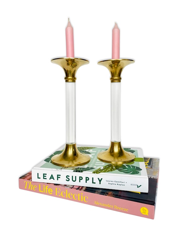 Pair of Vintage Lucite and Brass Candlestick Candle Holders