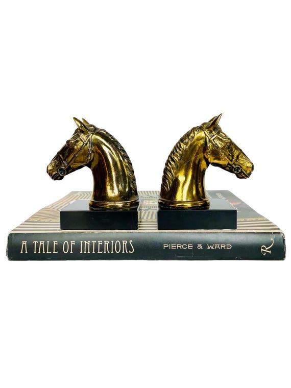 Vintage Cast Metal Horse Head Bookends on Black Lacquer Bases