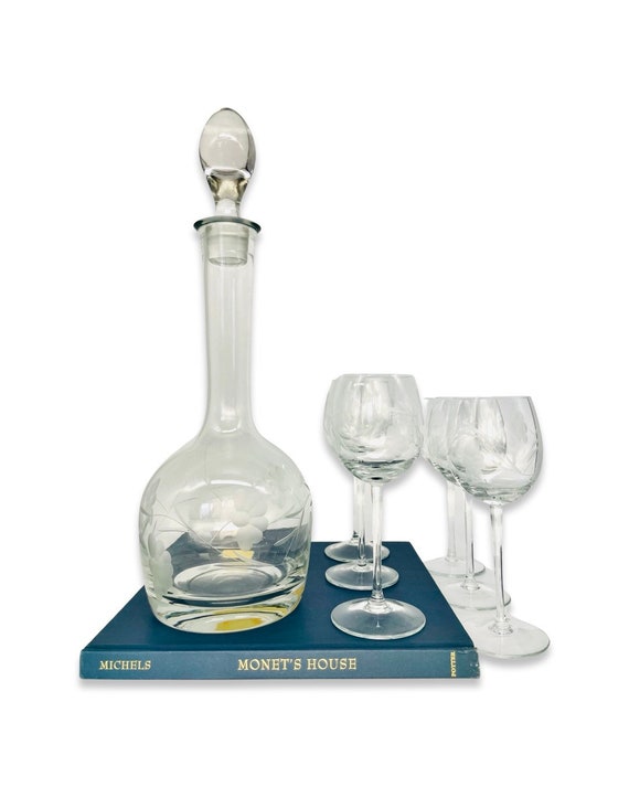 Vintage Toscany Hand Blown Etched Crystal Wine Decanter & 6 Sherry Glasses, Romania - 7 Pieces
