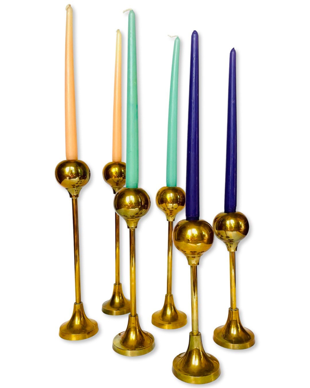 Set of 6 Vintage MidCentury Modern Brass Sphere Shaped Candlestick Holders