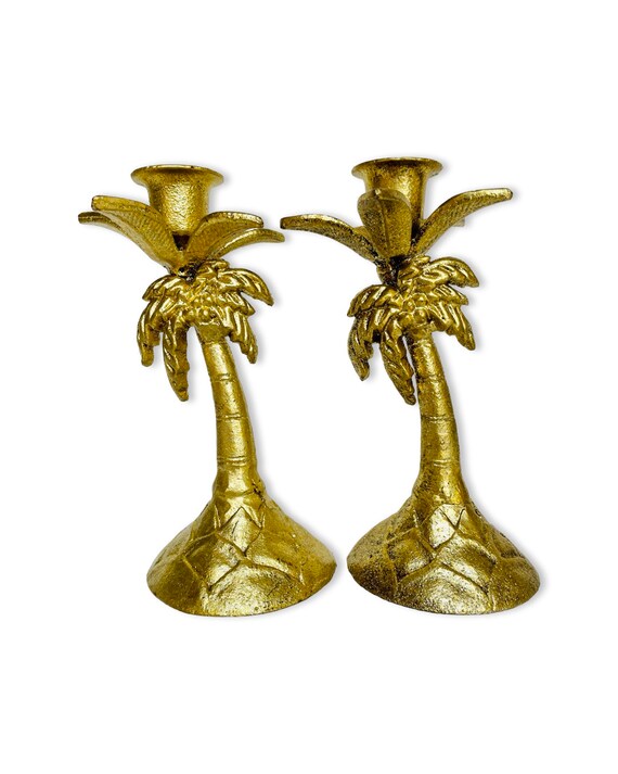 Pair Vintage Hollywood Regency Gold Palm Tree Candle Holders