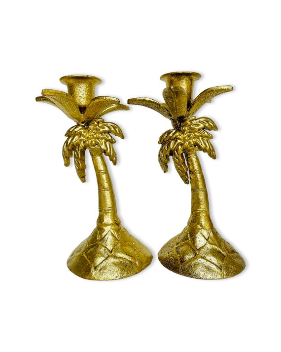 Pair Vintage Hollywood Regency Gold Palm Tree Candle Holders