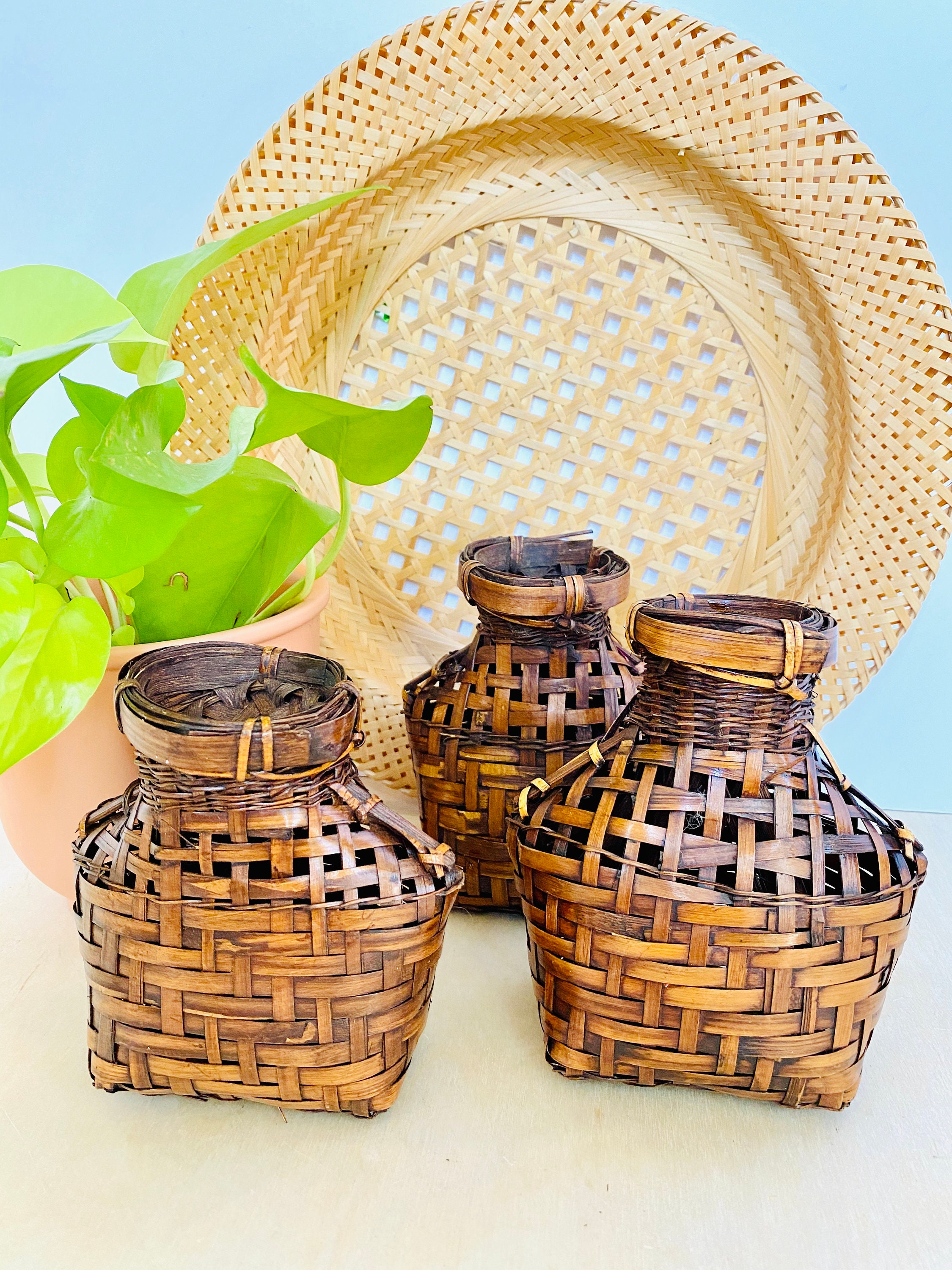 Set of 3 Vintage Fish Trap Bamboo Baskets Bohemian Decor