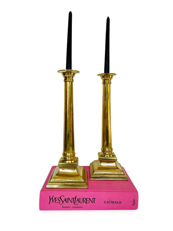 Pair of Vintage Hollywood Regency Style Lacquered Brass Candlestick Candle Holders