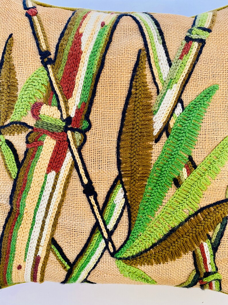 Vintage Jute / Burlap Bamboo Plants Crewel Yarn Art Throw Etsy