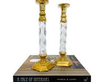 Pair of Vintage Twisted Lucite and Brass Candlestick Candle Holders