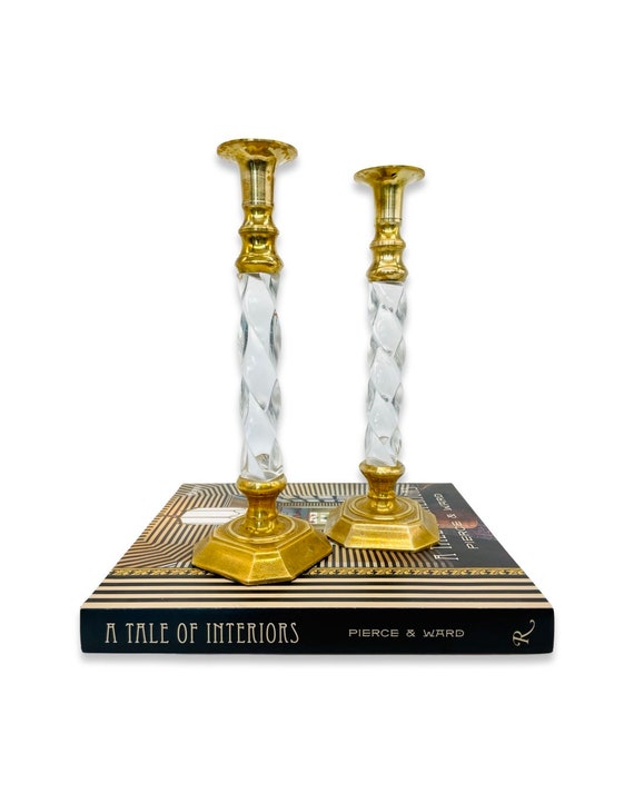 Pair of Vintage Twisted Lucite and Brass Candlestick Candle Holders