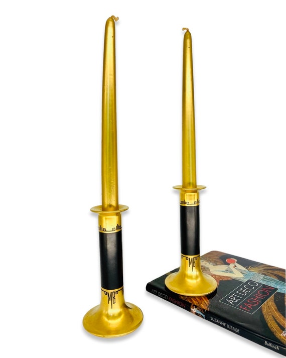 Pair of Antique Vignaud Limoges Black and Gold Art Deco Style Porcelain Candlestick Candle Holders