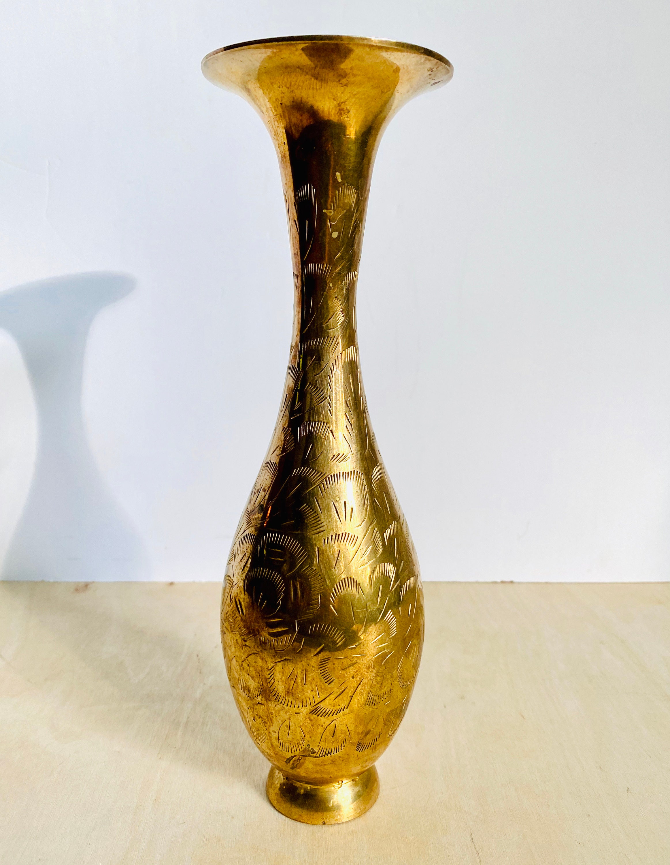 Vintage Etched Brass Vase, Made in India