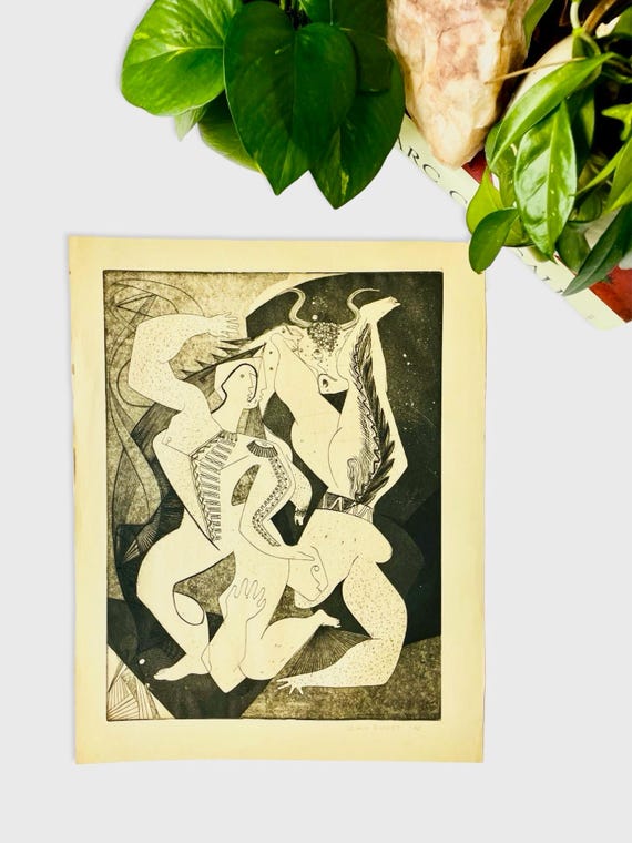Vintage 1945 Leroy Burket Cubist Lithograph | Signed Mid-Century Modern Abstract Figural Art | Surrealist Black & White Print