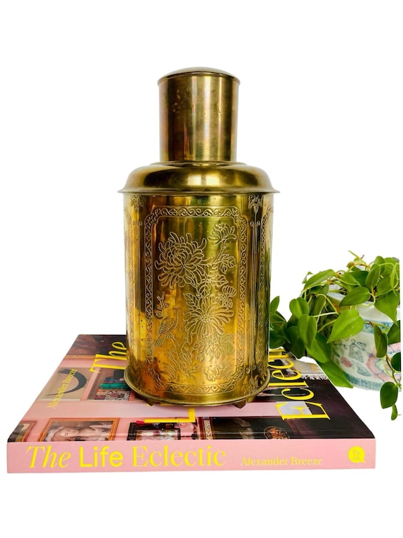 Vintage Asian Etched Brass Tea Cannister Cady