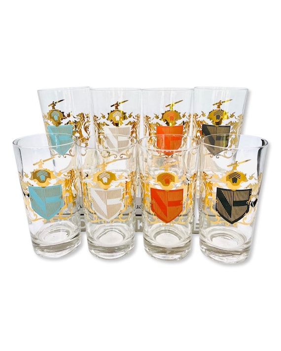 Set of 8 Vintage Mid-Century Coat of Arms Collins Bar Glasses