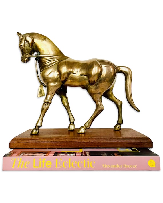 Vintage Large Brass Horse on a Wood Base
