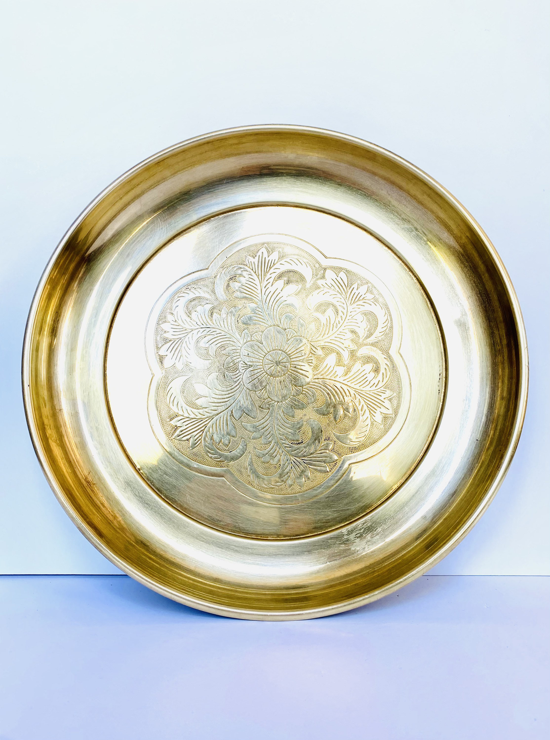 Vintage Decorative Round Etched Brass Tray Wall Hanging