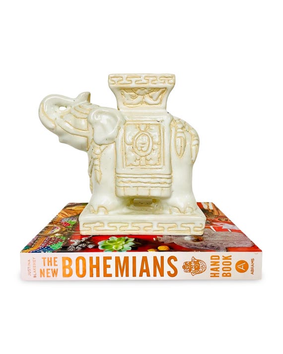 Vintage Cream Ceramic Elephant Tabletop Plant Stand