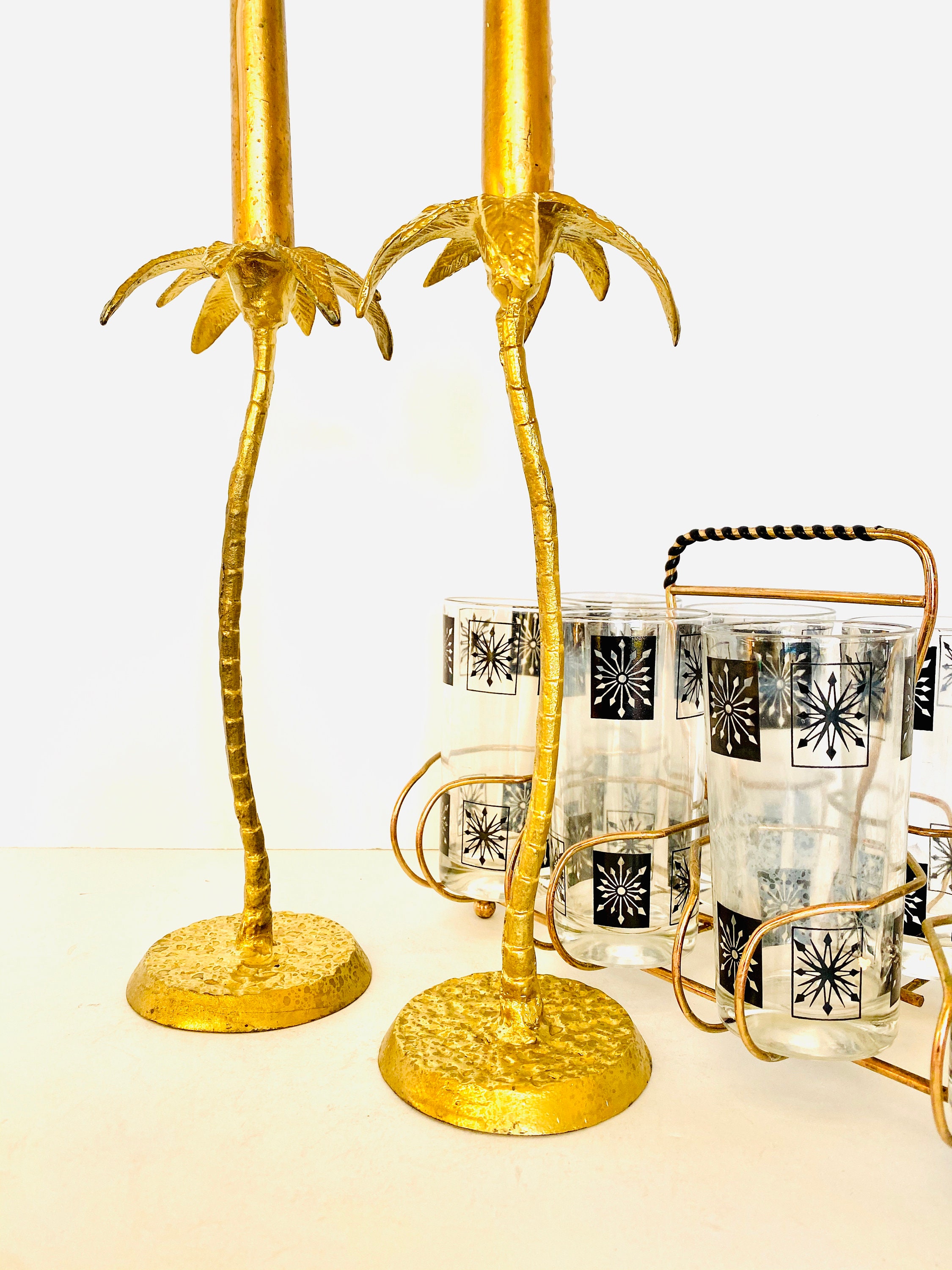Pair Vintage MidCentury Gold Palm Tree Candle Holders