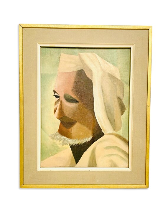 Vintage Cubist-Style Portrait Painting – Framed Original Art