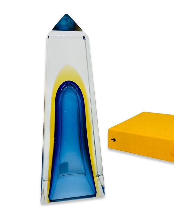 Vintage Alessandro Mandruzzato Blue and Yellow Sommerso Style Murano Glass  Obelisk