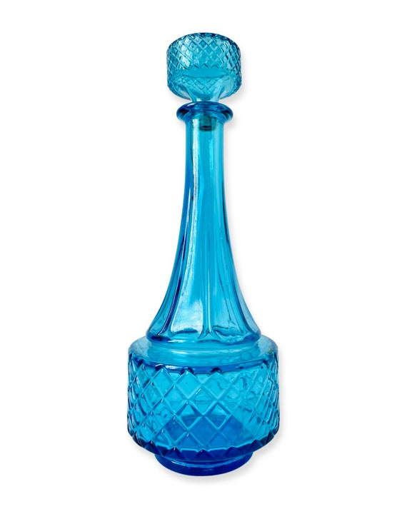 Vintage Belgian Turquoise Blue Cut Glass Lidded Decanter