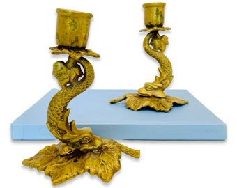 Pair of Antique Brass Plated Cast Iron Koi Fish Candle Holders