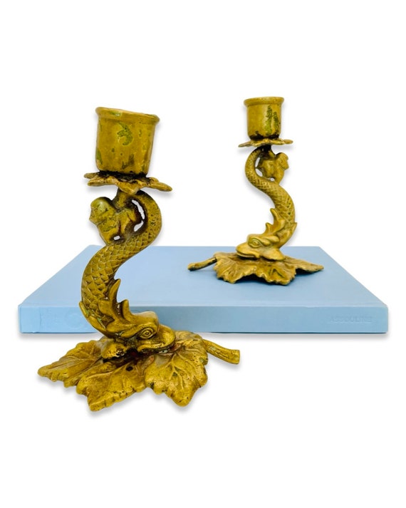 Pair of Antique Brass Plated Cast Iron Koi Fish Candle Holders