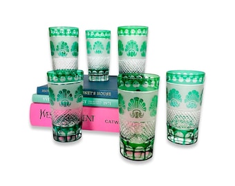Set of 8 Vintage Emerald Green Shannon by Godinger Crystal Shell Highball Tumbler Glasses