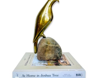 Vintage Spanish Mid-Century Brass Hawk / Falcon Perched on Rock Sculpture