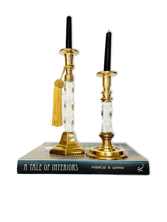 Pair of Vintage Twisted Lucite and Brass Candlestick Candle Holders