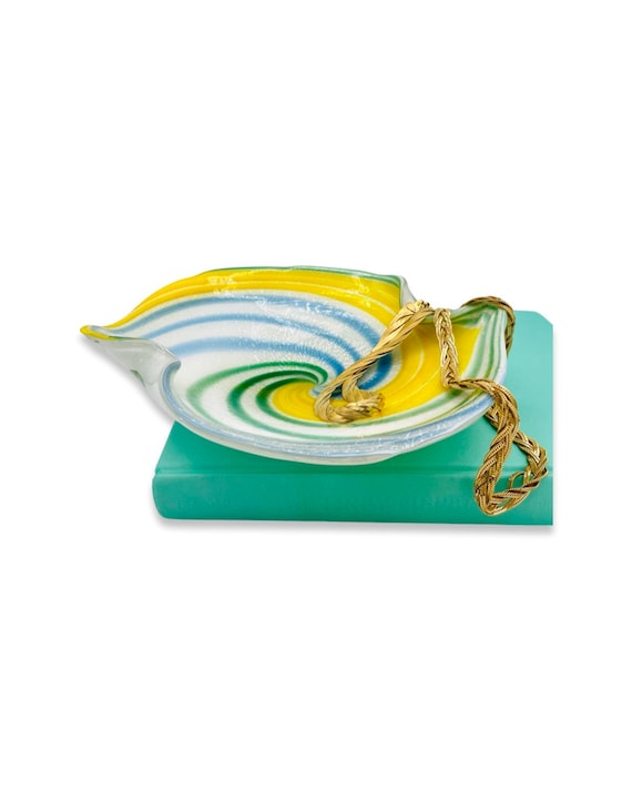 Vintage Yellow, Blue and Green Swirl Murano Style Glass Catchall