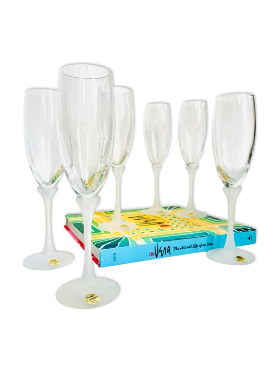 Set of 6 Vintage J. G. Durand Crystal Champagne Flutes with Frosted Stems