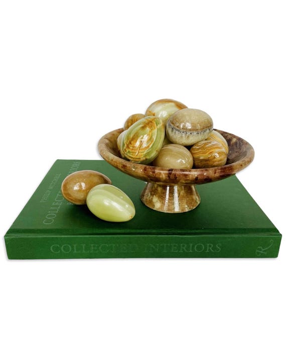 Vintage Carved Alabaster Tazza with Agate & Onyx Eggs