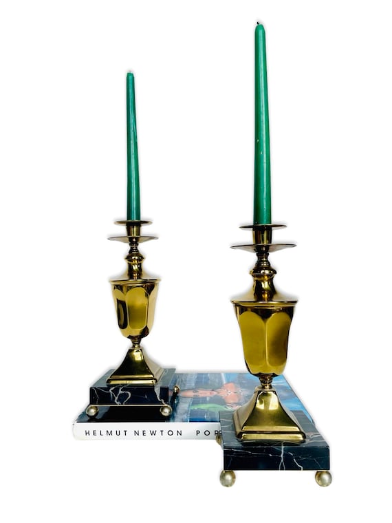 Pair of Vintage Black Marble and Brass Candlestick Candle Holders