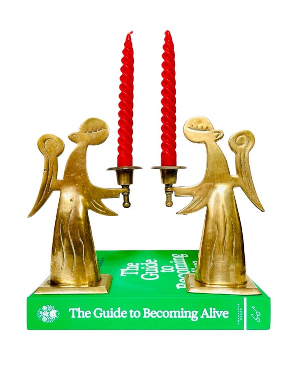 Pair of Vintage Midcentury Solid Brass Angel Christmas Candle Holders