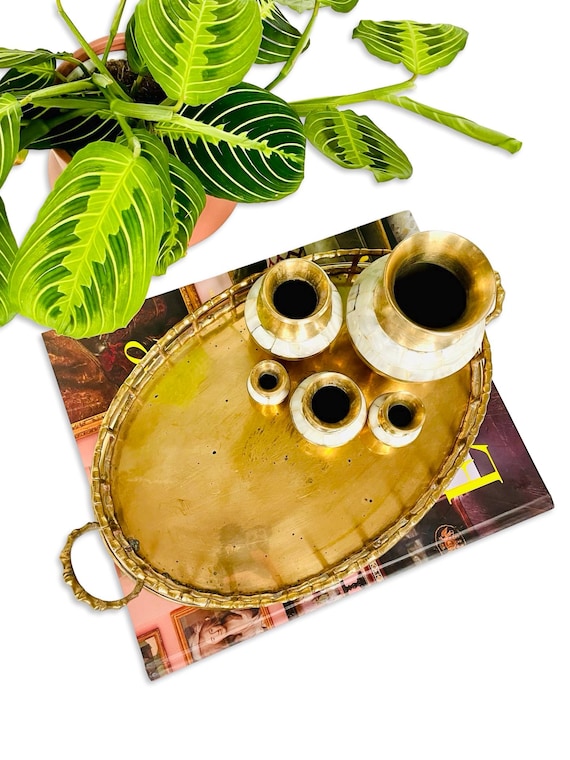 Vintage Brass Faux Bamboo Oval Tray