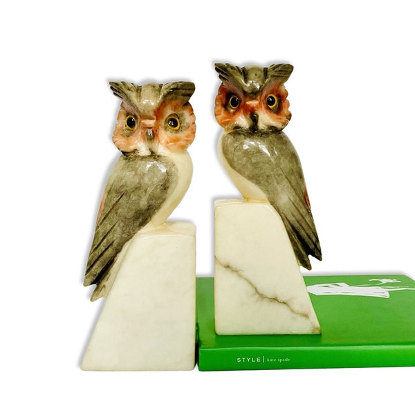 Pair of Vintage Italian Carved Alabaster Owl Bird Bookends