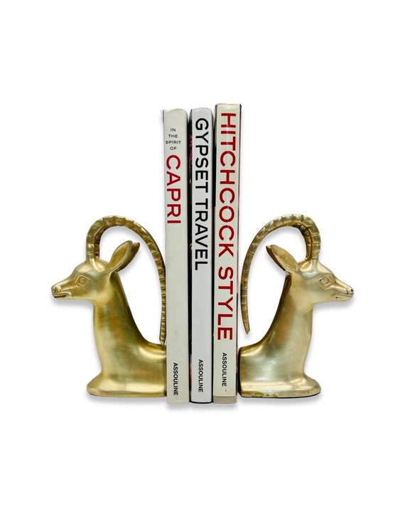 Pair of Vintage Mid-Century Solid Brass Ibex Bookends