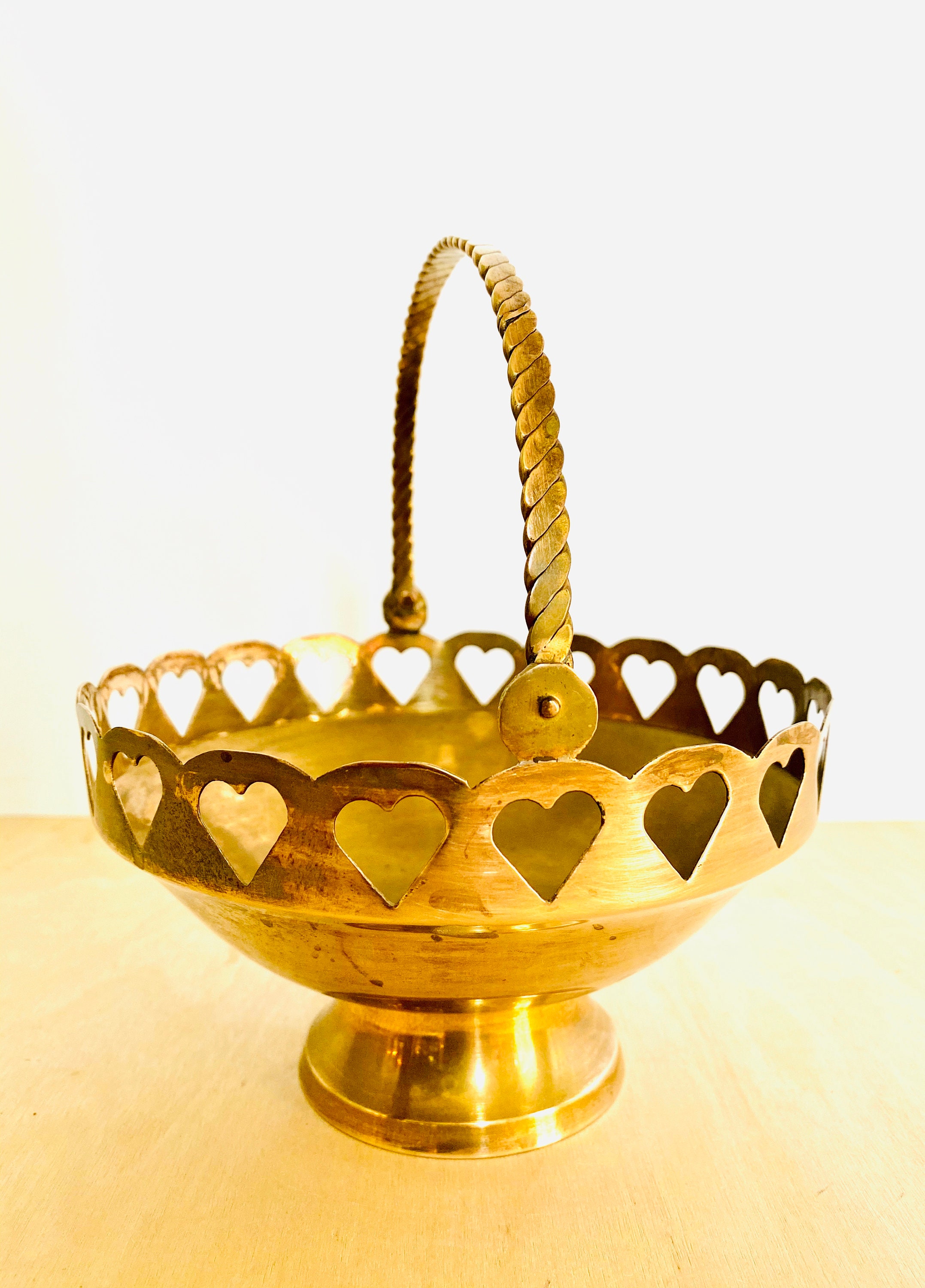 Vintage MidCentury Heart Detailed Brass Bowl Basket with Handle