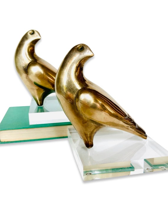 Pair of Vintage Brass Dove Birds with Acrylic Base